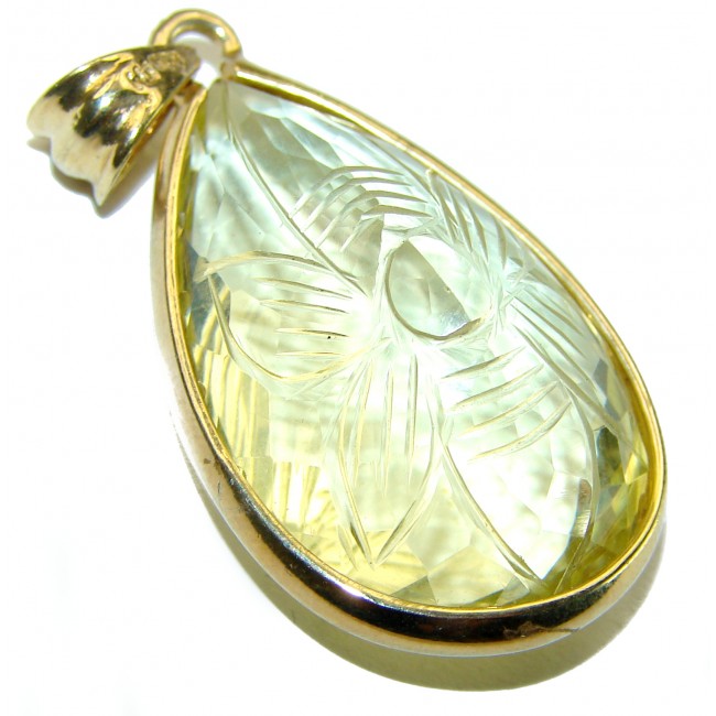 Authentic Carved Golden Lemon Quartz 14K Gold over .925 Sterling Silver handmade Pendant