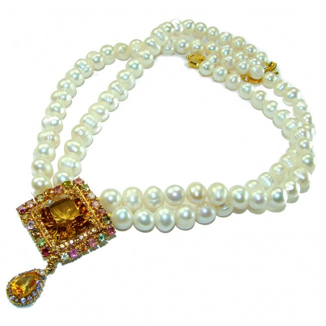 Precious Beauty freshewater Pearls Golden Topaz 14K Gold over .925 Sterling Silver handcrafted Necklace