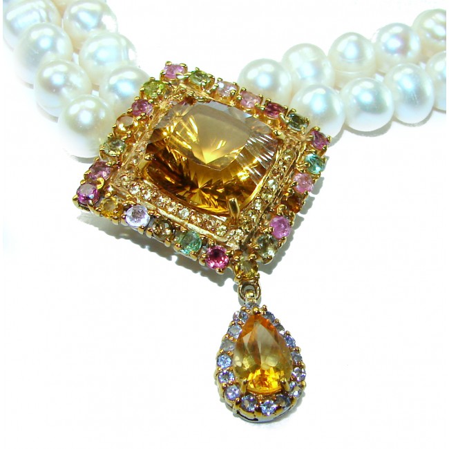 Precious Beauty freshewater Pearls Golden Topaz 14K Gold over .925 Sterling Silver handcrafted Necklace