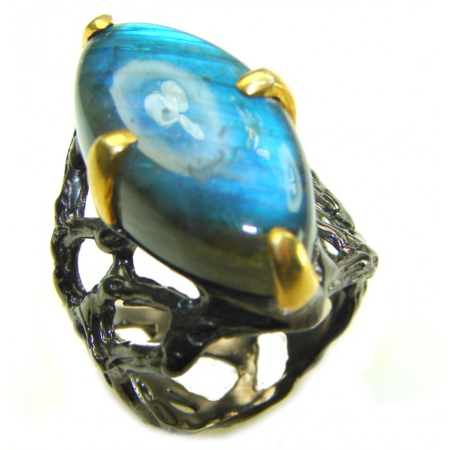 Magic Night Natural Labradorite 2 tones .925 Sterling Silver handcrafted Large ring size 7 1/4