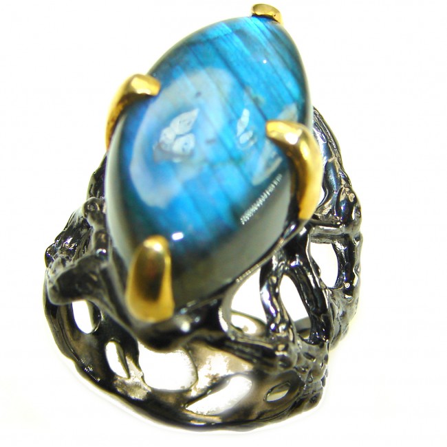 Magic Night Natural Labradorite 2 tones .925 Sterling Silver handcrafted Large ring size 7 1/4