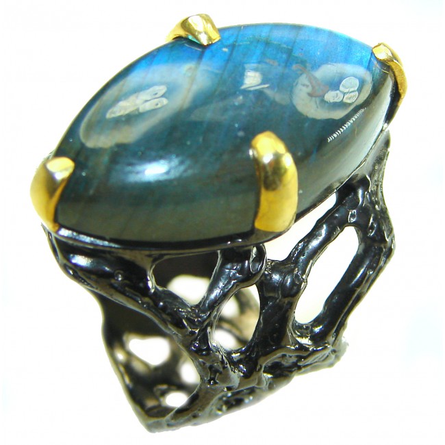 Magic Night Natural Labradorite 2 tones .925 Sterling Silver handcrafted Large ring size 7 1/4