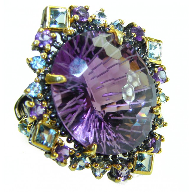 Dramatic design 48.8 carat Amethyst 2 tones .925 Sterling Silver Handcrafted Ring size 8 1/4