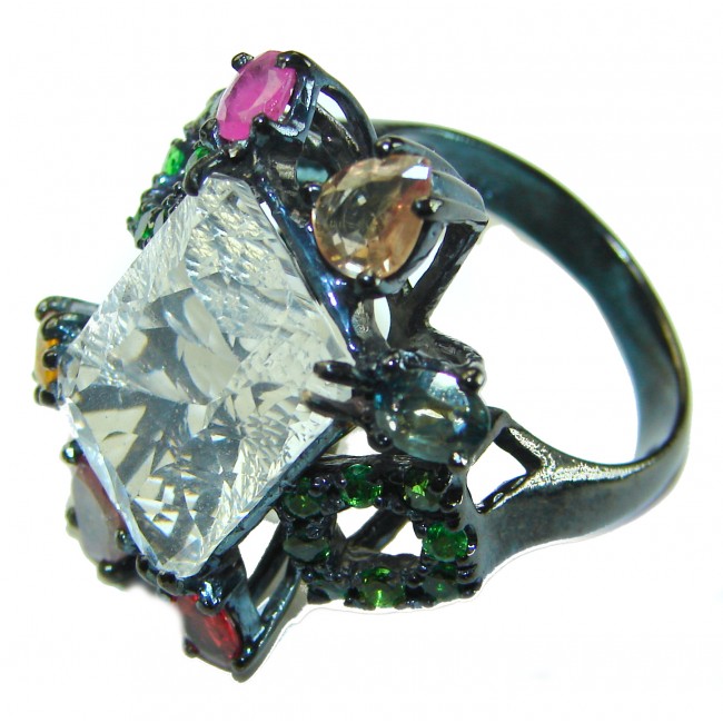 Spectacular 14.5 carat White Topaz Watermelon Tourmaline black rhodium over .925 Sterling Silver handcrafted ring size 9