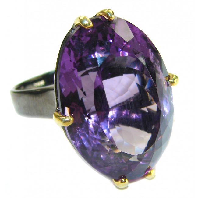 Dramatic design 55.8 carat Amethyst black rhodium over 2 tones .925 Sterling Silver Handcrafted Ring size 8 1/4