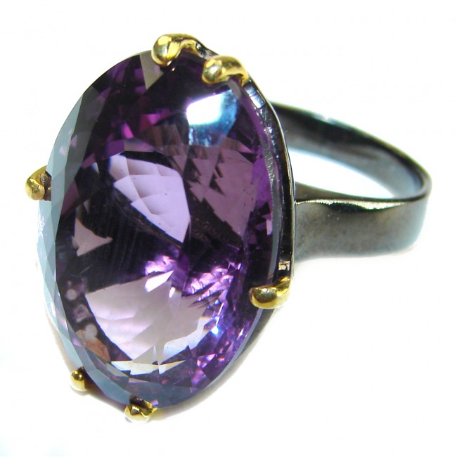 Dramatic design 55.8 carat Amethyst black rhodium over 2 tones .925 Sterling Silver Handcrafted Ring size 8 1/4