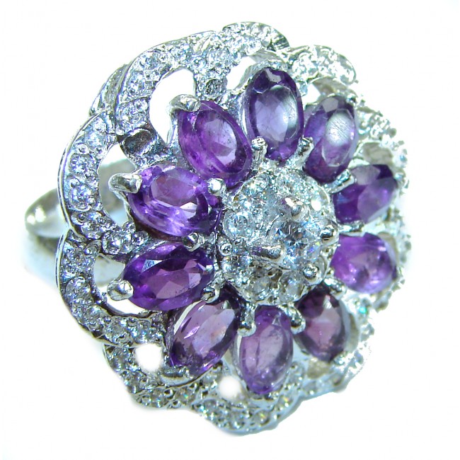 Large Flower design authentic Amethyst .925 Sterling Silver Handcrafted Ring size 7