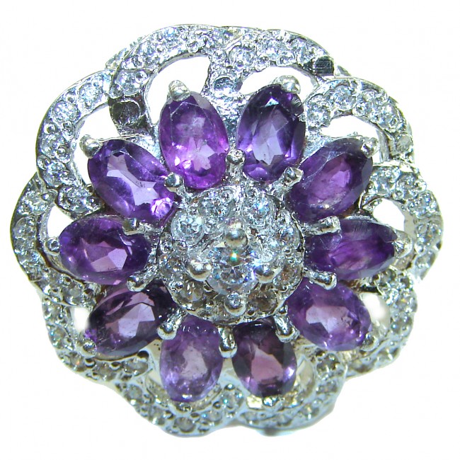 Large Flower design authentic Amethyst .925 Sterling Silver Handcrafted Ring size 7