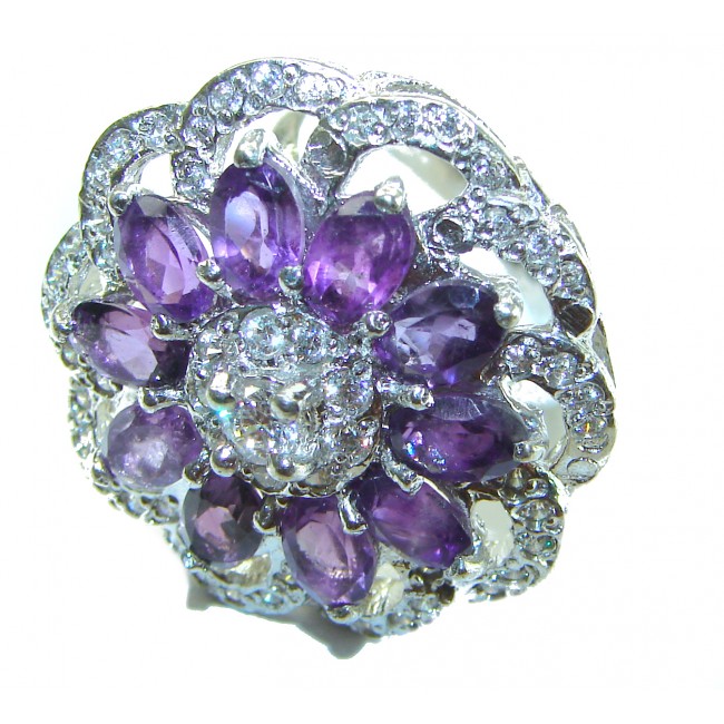 Large Flower design authentic Amethyst .925 Sterling Silver Handcrafted Ring size 7