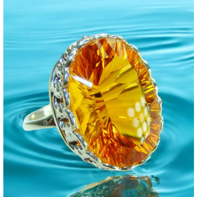 Golden Rays of Sunlight 48.5 carat Yellow Topaz .925 Sterling Silver Large Ring size 9