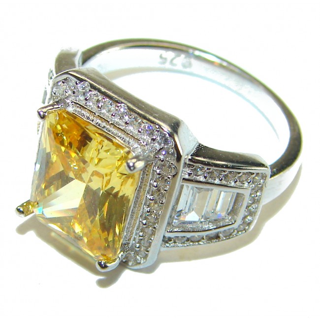 9.5 carat Priness cut Yellow Sapphire .925 Sterling Silver handcrafted ring; s. 5 1/2