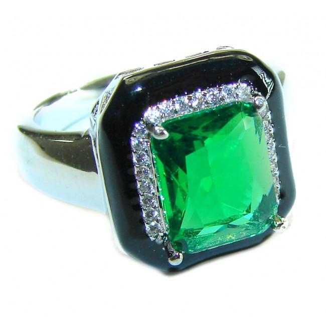 Art Deco 9.8 carat Emerald black enamel .925 Sterling Silver handcrafted Ring size 7 1/2