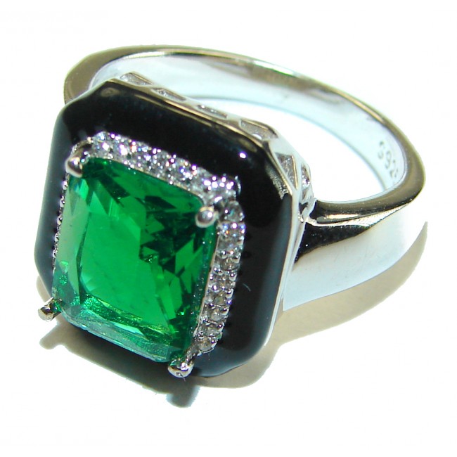 Art Deco 9.8 carat Emerald black enamel .925 Sterling Silver handcrafted Ring size 7 1/2