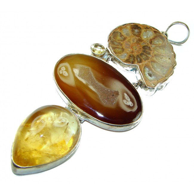 55.5 GRAMS Large authentic Ammonite Citrine .925 Sterling Silver handcrafted pendant