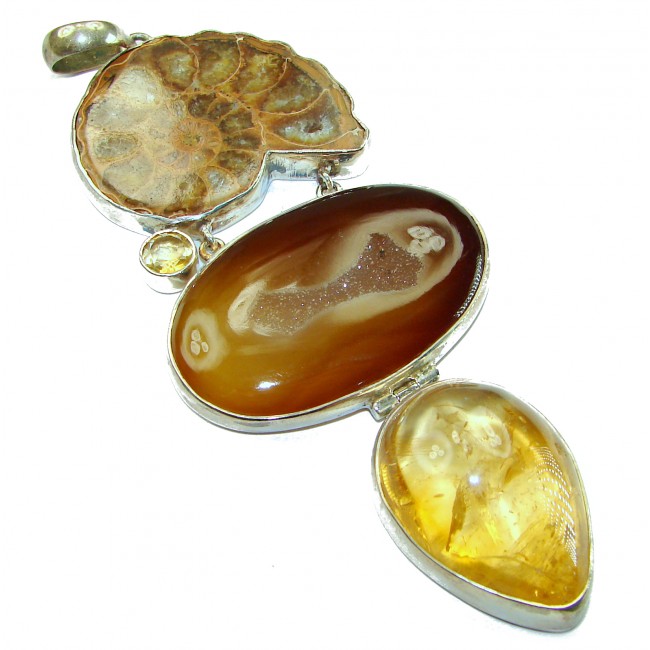 55.5 GRAMS Large authentic Ammonite Citrine .925 Sterling Silver handcrafted pendant