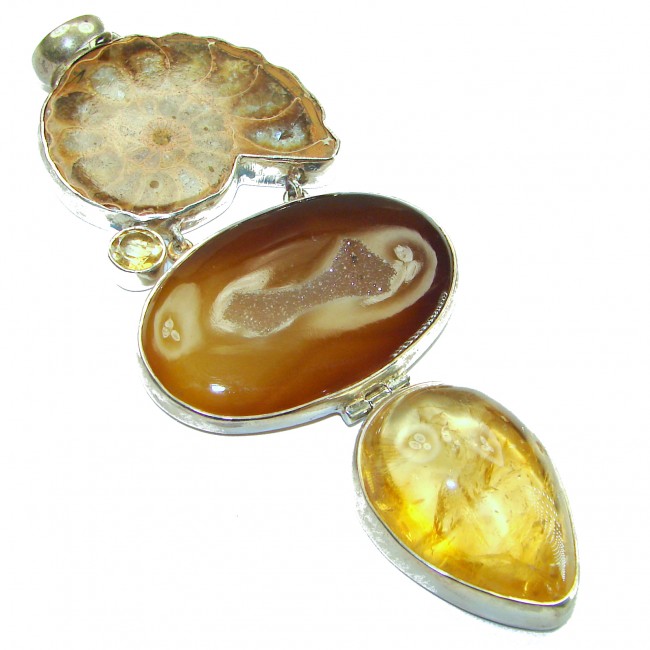 55.5 GRAMS Large authentic Ammonite Citrine .925 Sterling Silver handcrafted pendant