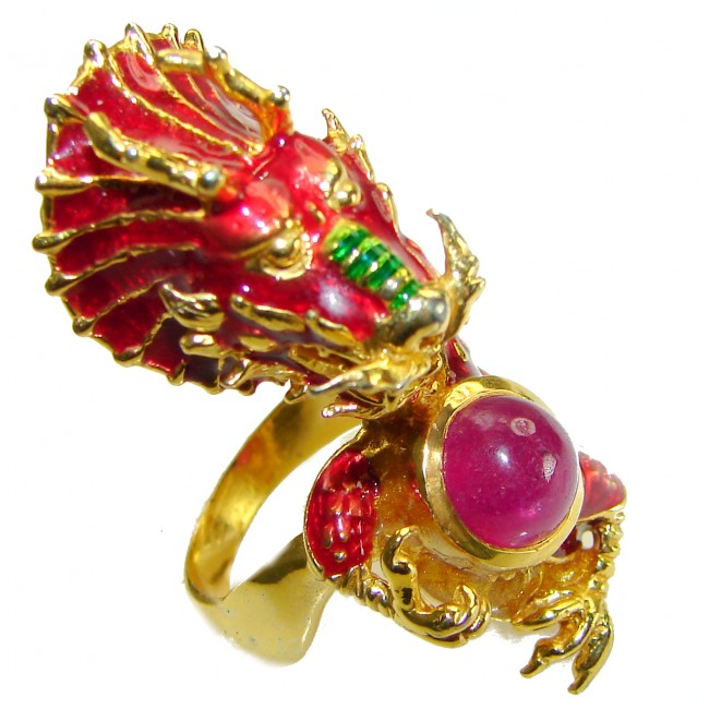 Dragon - symbolizes supernatural power- Enamel Ruby 18K Gold over .925 Sterling Silver Huge handcrafted Ring s. 7 3/4