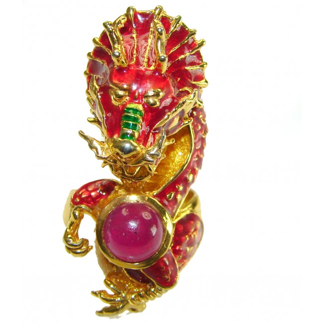 Dragon - symbolizes supernatural power- Enamel Ruby 18K Gold over .925 Sterling Silver Huge handcrafted Ring s. 7 3/4