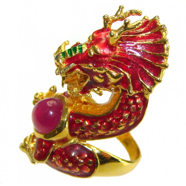 Dragon - symbolizes supernatural power- Enamel Ruby 18K Gold over .925 Sterling Silver Huge handcrafted Ring s. 7 3/4