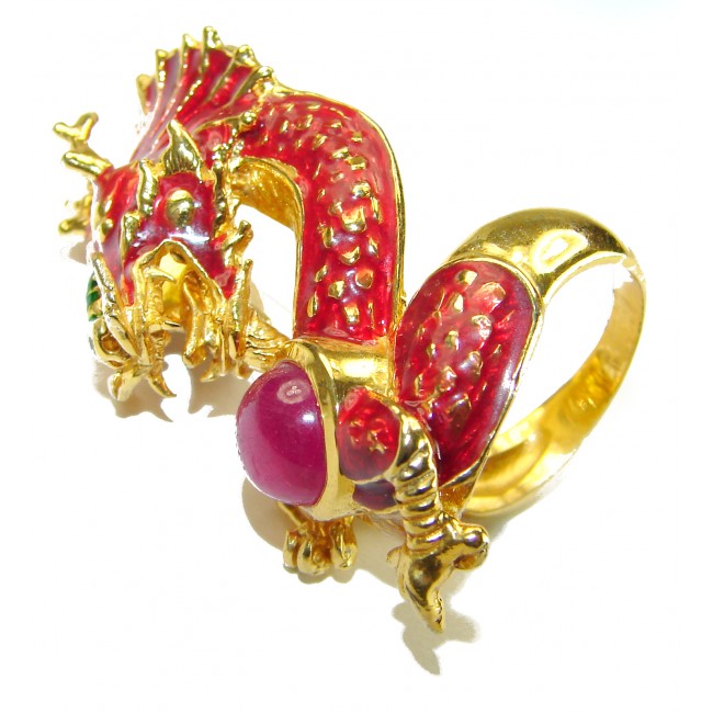 Dragon - symbolizes supernatural power- Enamel Ruby 18K Gold over .925 Sterling Silver Huge handcrafted Ring s. 7 3/4