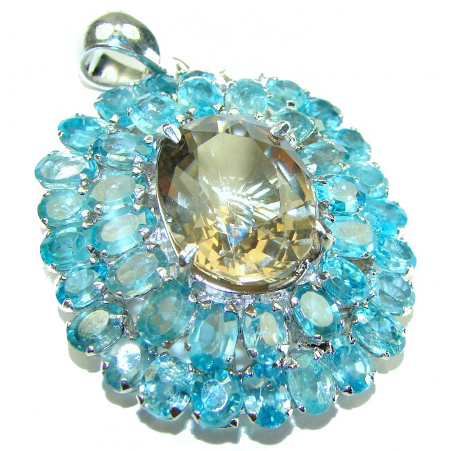 Luxury genuine 44.5 CARAT Champagne Topaz Aquamarine .925 Sterling Silver handmade Pendant