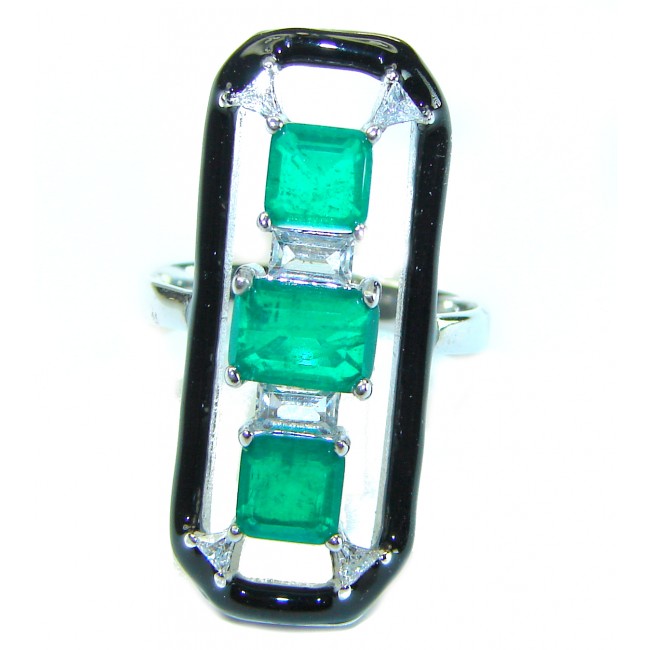 Art Deco 9.8 carat Emerald black enamel .925 Sterling Silver handcrafted Ring size 6 3/4