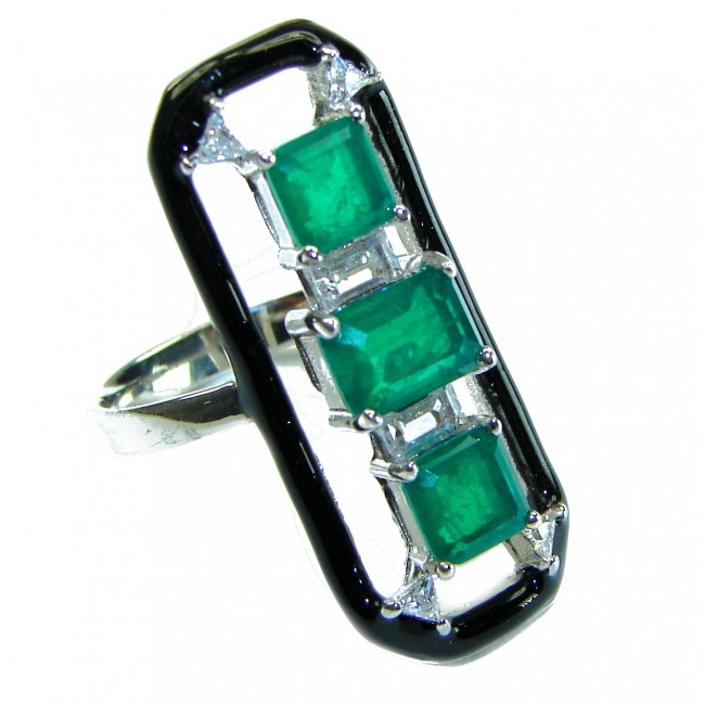 Art Deco 9.8 carat Emerald black enamel .925 Sterling Silver handcrafted Ring size 6 3/4