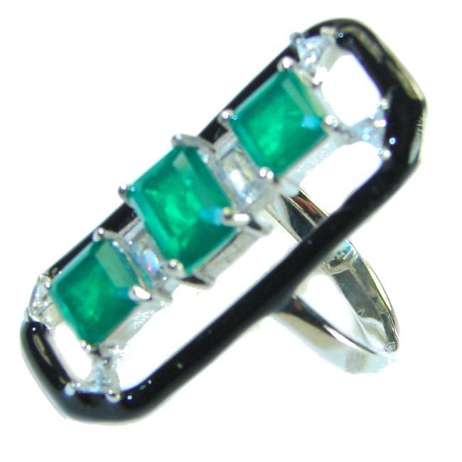 Art Deco 9.8 carat Emerald black enamel .925 Sterling Silver handcrafted Ring size 6 3/4