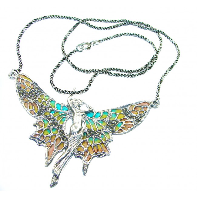 Awesome Flying Fairy Natural Enamel .925 Silver handcrafted Necklace