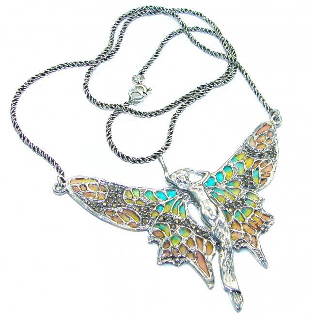 Awesome Flying Fairy Natural Enamel .925 Silver handcrafted Necklace