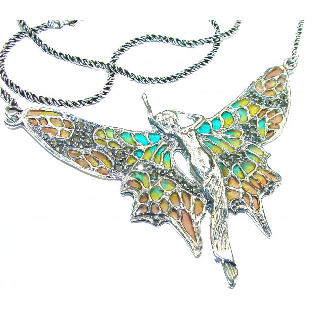 Awesome Flying Fairy Natural Enamel .925 Silver handcrafted Necklace