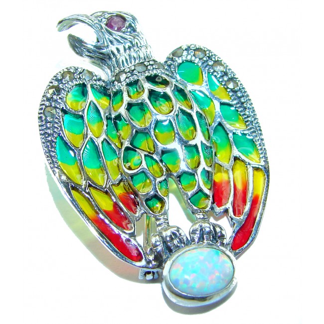 Natural Enamel Eagle .925 Sterling Silver Brooch Pendant