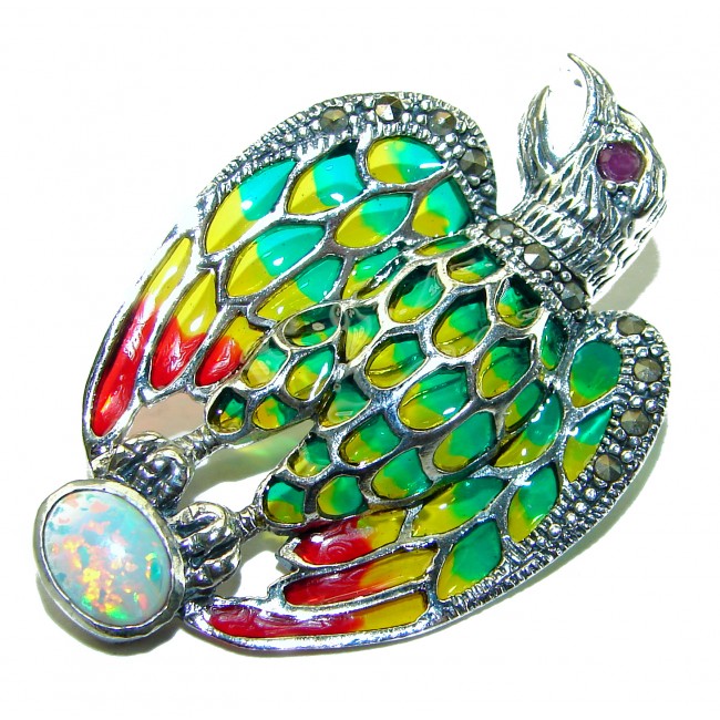 Natural Enamel Eagle .925 Sterling Silver Brooch Pendant