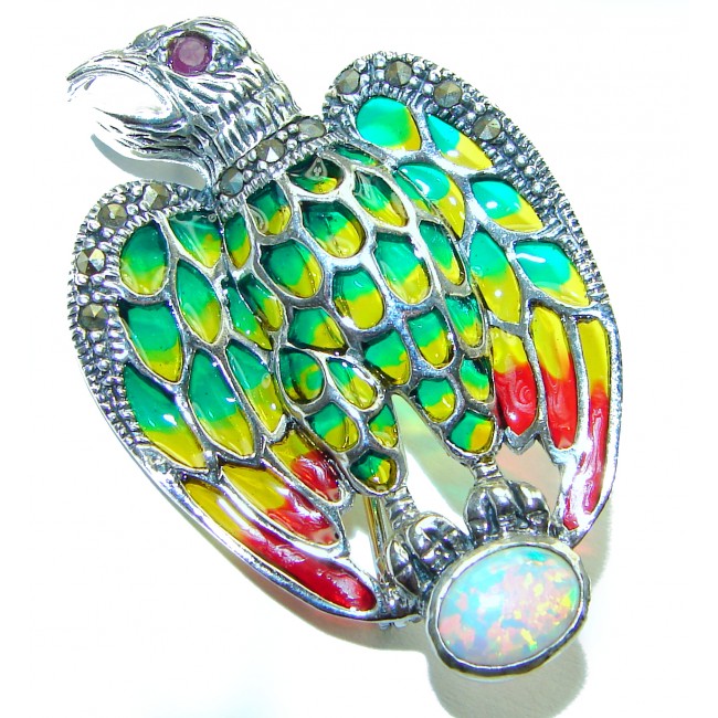 Natural Enamel Eagle .925 Sterling Silver Brooch Pendant