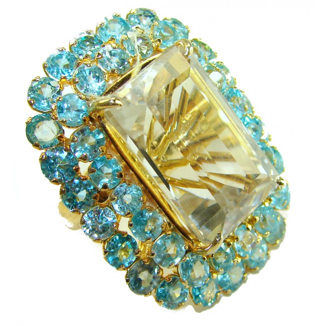 Fire Queen Huge Green Amethyst 14K Gold over .925 Sterling Silver handmade Statement Ring size 7 1/2