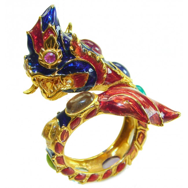 Dragon - symbolizes supernatural power- Enamel Ruby 18K Gold over .925 Sterling Silver Huge handcrafted Ring s. 7