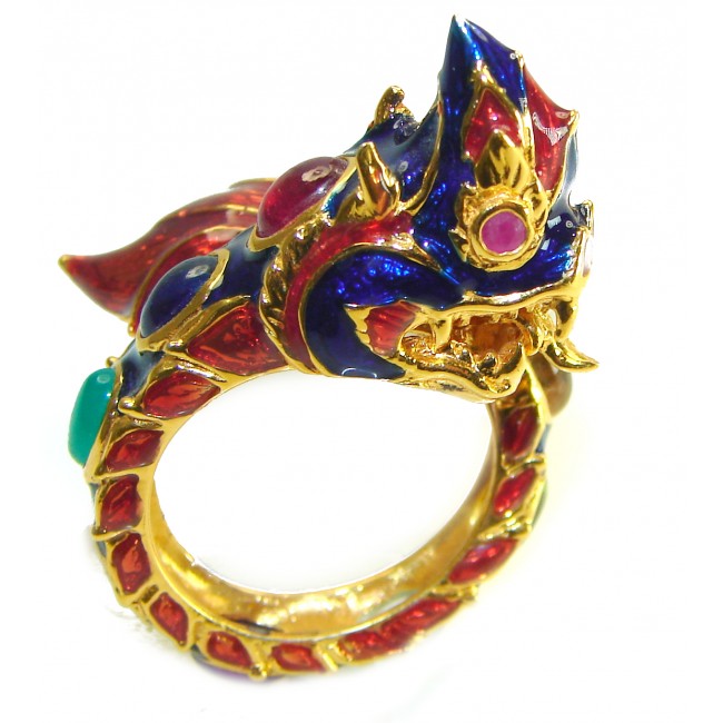 Dragon - symbolizes supernatural power- Enamel Ruby 18K Gold over .925 Sterling Silver Huge handcrafted Ring s. 7