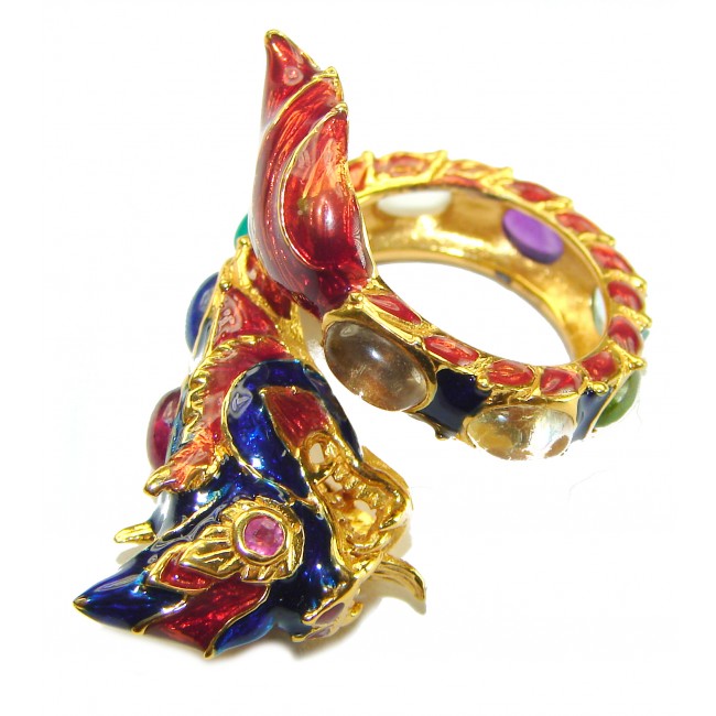 Dragon - symbolizes supernatural power- Enamel Ruby 18K Gold over .925 Sterling Silver Huge handcrafted Ring s. 7