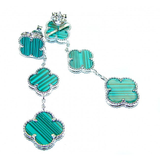 Outstanding inlay authentic Malachite Lucky Four Leaf Clover .925 Sterling Silver Earrings