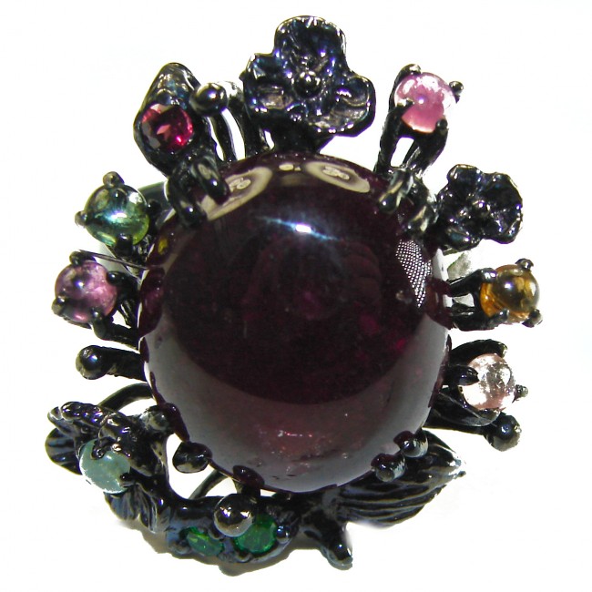 Dramatic design 35.8 carat Ruby black rhodium over .925 Sterling Silver Handcrafted Ring size 9 1/4