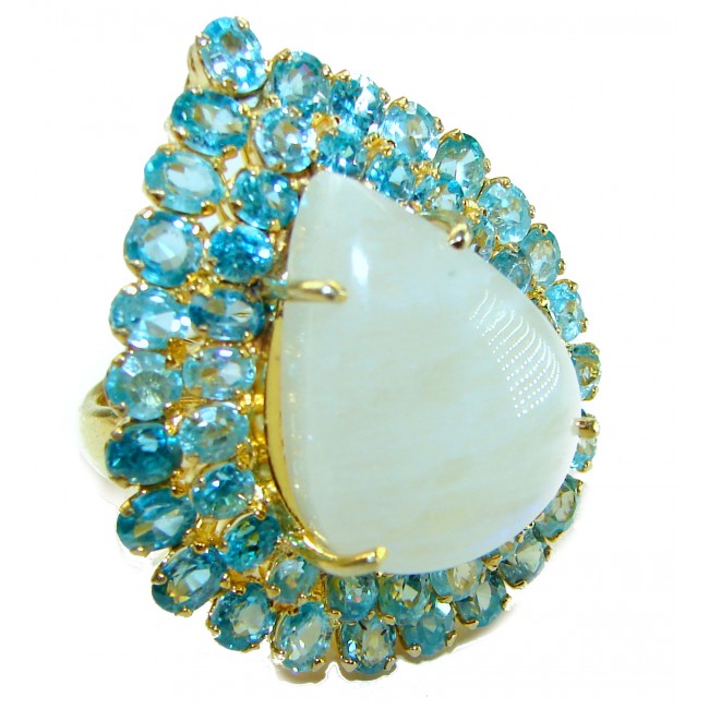 Snow Queen Huge Rainbow Moonstone 14K Gold over .925 Sterling Silver handmade Statement Ring size 6