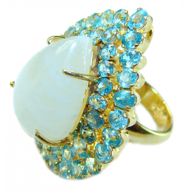 Snow Queen Huge Rainbow Moonstone 14K Gold over .925 Sterling Silver handmade Statement Ring size 6