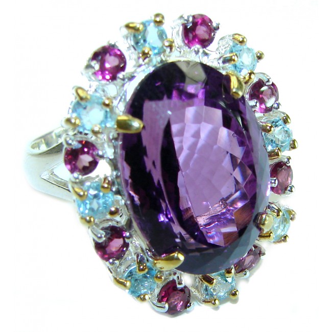 Dramatic design 48.8 carat Amethyst 2 tones .925 Sterling Silver Handcrafted Ring size 9