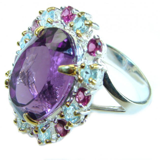 Dramatic design 48.8 carat Amethyst 2 tones .925 Sterling Silver Handcrafted Ring size 9