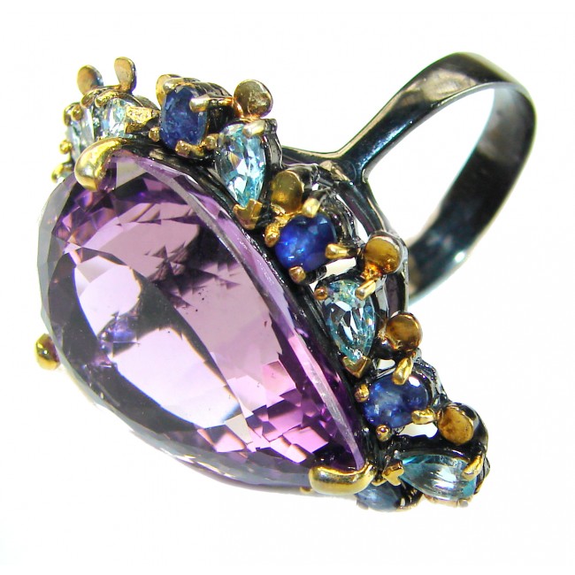 Dramatic design 48.8 carat Amethyst black rhodium over .925 Sterling Silver Handcrafted Ring size 9