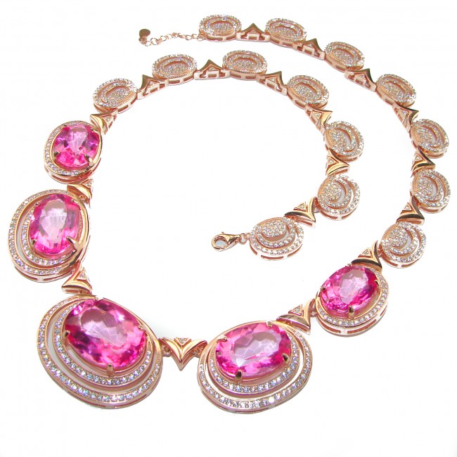 Magnificent Blooming Orchid Pink Sapphire 18K Rose Gold over .925 Sterling Silver handcrafted Statement necklace