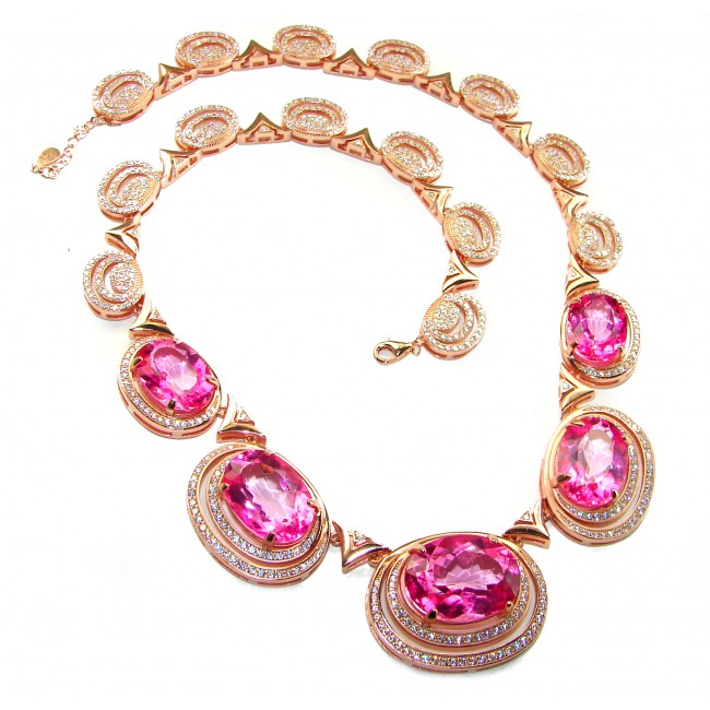 Magnificent Blooming Orchid Pink Sapphire 18K Rose Gold over .925 Sterling Silver handcrafted Statement necklace