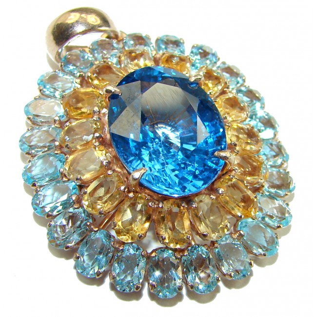 Splendid Vintage Design 55.5 carat Swiss Blue Topaz 14K Gold over .925 Sterling Silver handcrafted Pendant