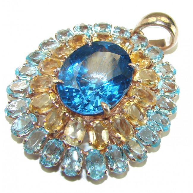 Splendid Vintage Design 55.5 carat Swiss Blue Topaz 14K Gold over .925 Sterling Silver handcrafted Pendant