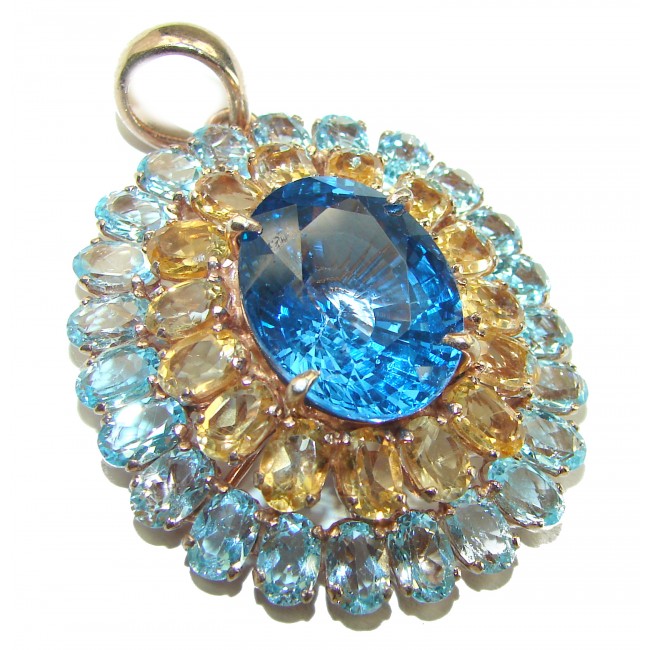 Splendid Vintage Design 55.5 carat Swiss Blue Topaz 14K Gold over .925 Sterling Silver handcrafted Pendant